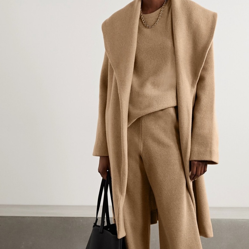 Leset Sienna wool blend belted robe coat in beige - Picture 2 of 8